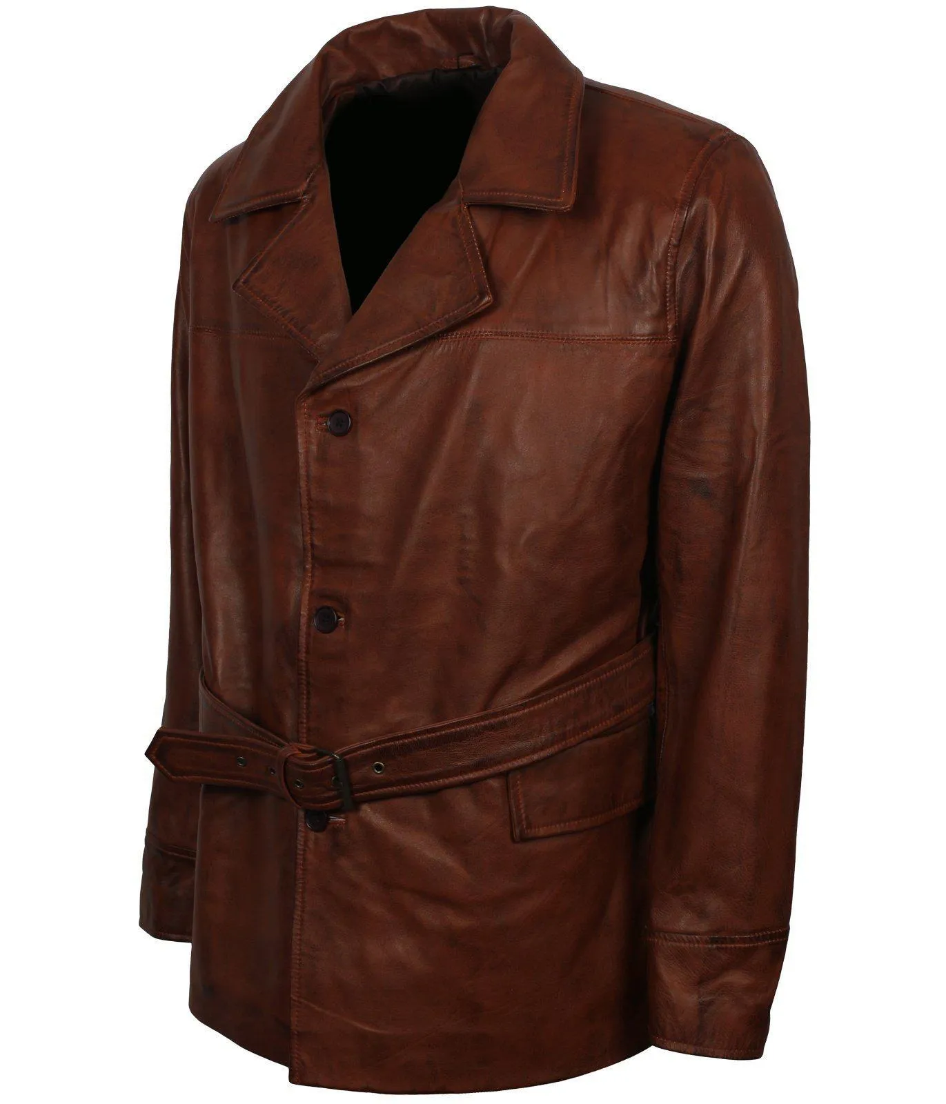 Men's Brown Leather Trench Coat with Belt Stylish Long Jacket