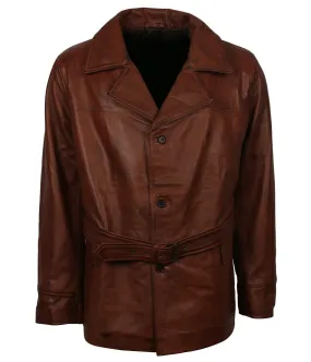 Men's Brown Leather Trench Coat with Belt Stylish Long Jacket