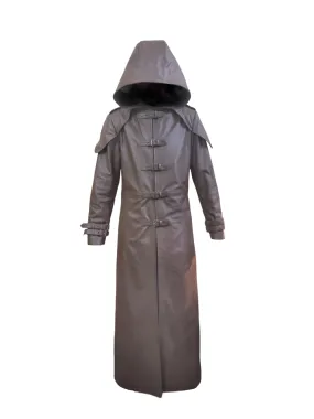 Mens Genuine Brown Leather Trench Long Coat with Hood Gothic Matrix Steampunk - JT33