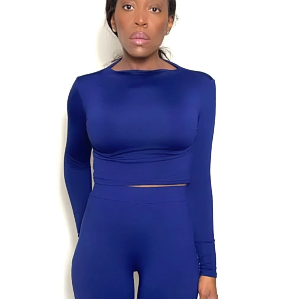 Mock Neck Crop | EveryDay Stretch Fitted Crop-Deep Blue