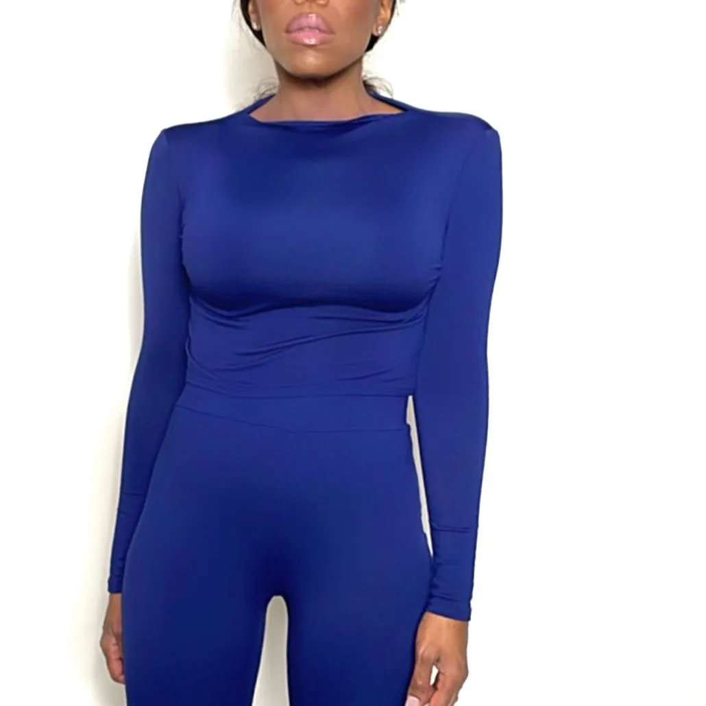 Mock Neck Crop | EveryDay Stretch Fitted Crop-Deep Blue