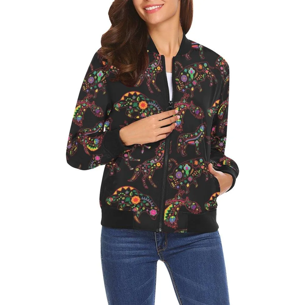 Neon Floral Animals Bomber Jacket for Women