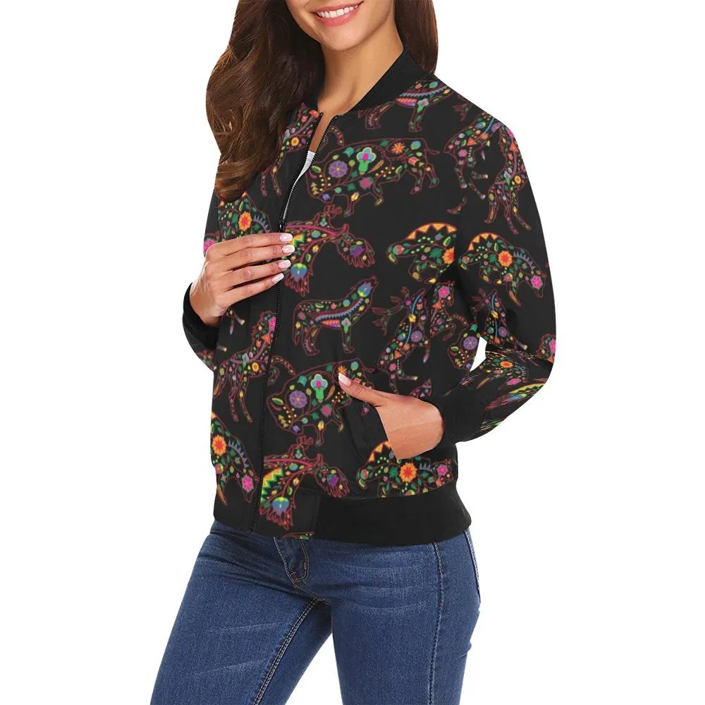Neon Floral Animals Bomber Jacket for Women