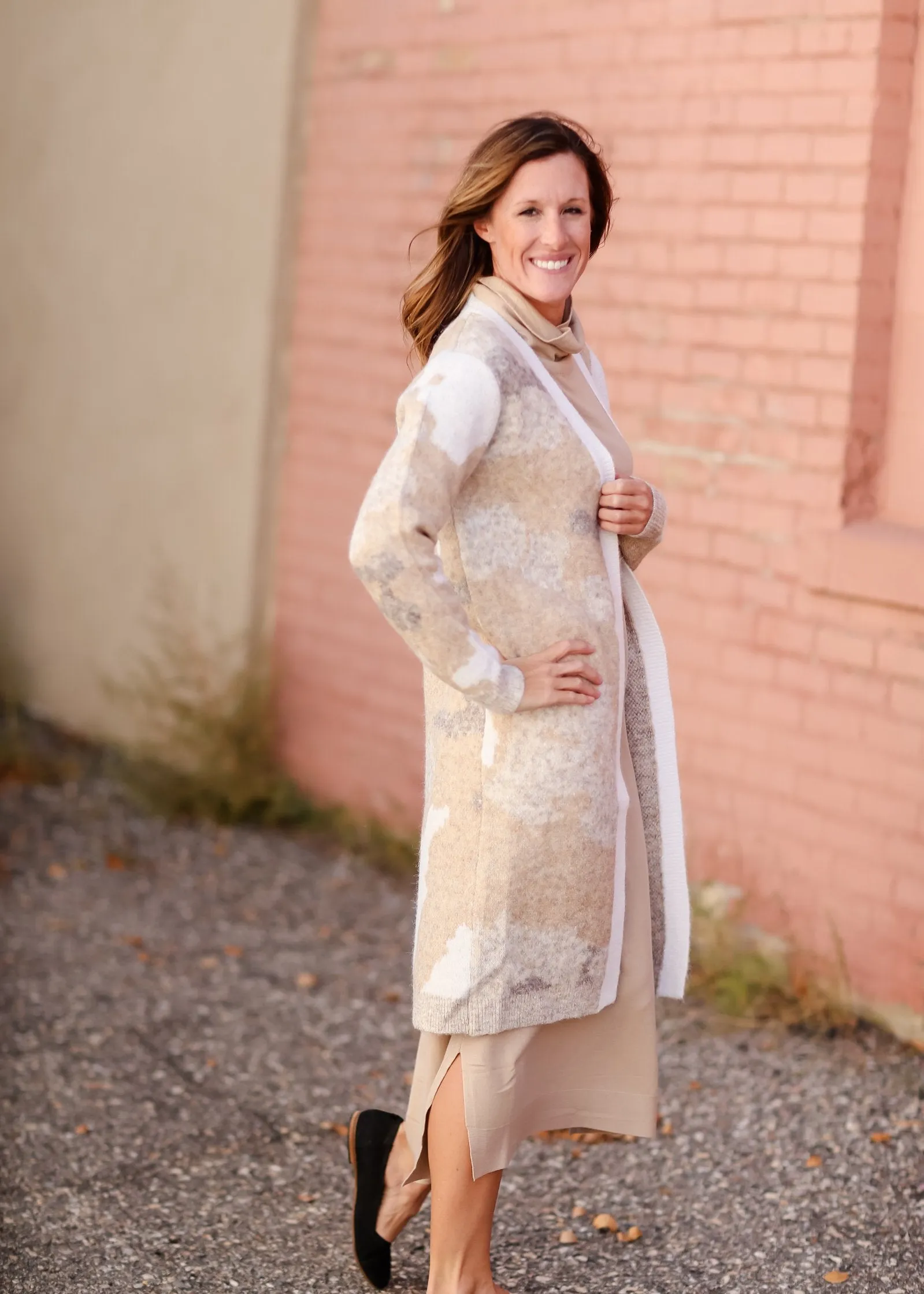 Neutral Toned Print Long Open Front Cardigan-FINAL SALE