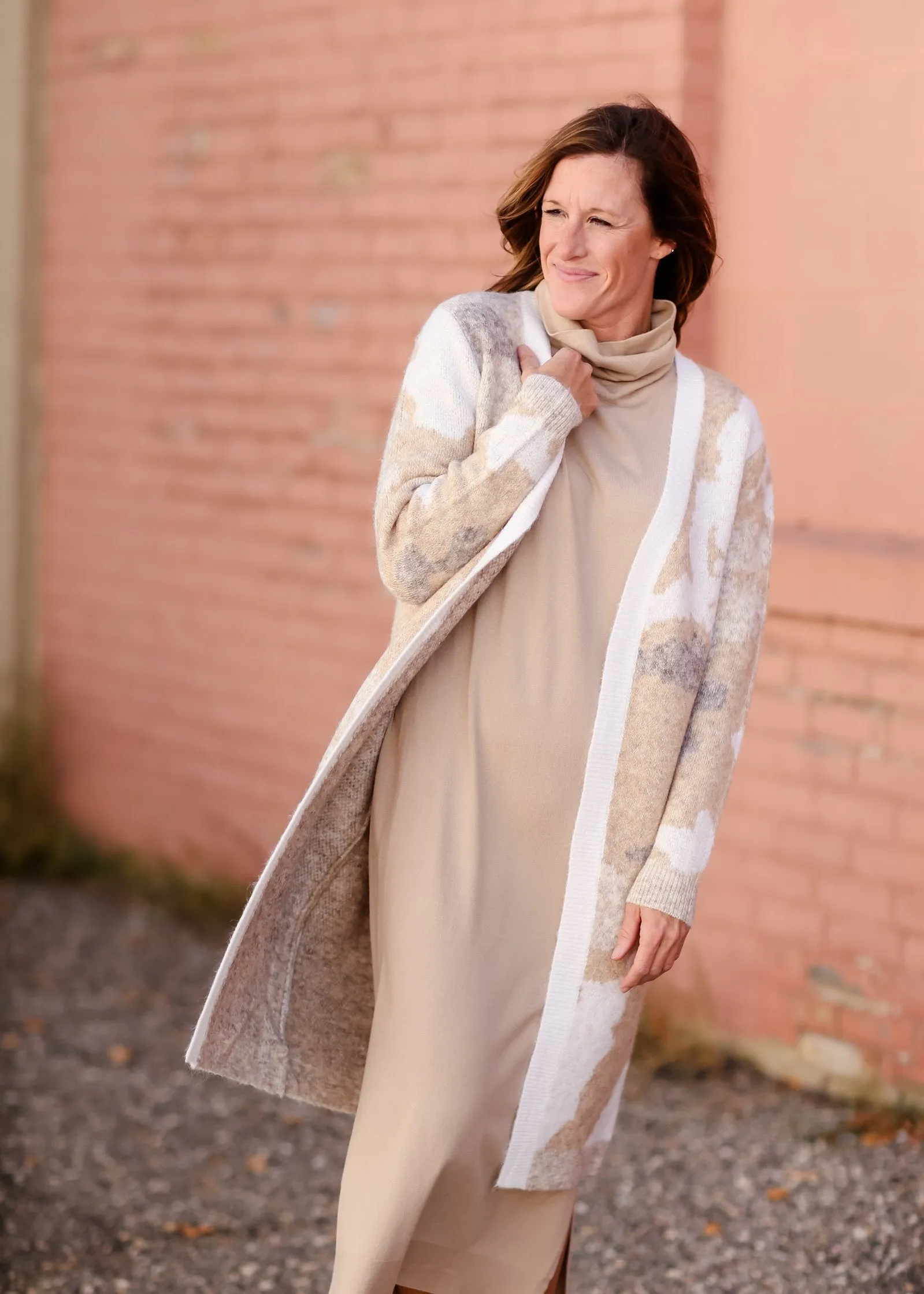 Neutral Toned Print Long Open Front Cardigan-FINAL SALE