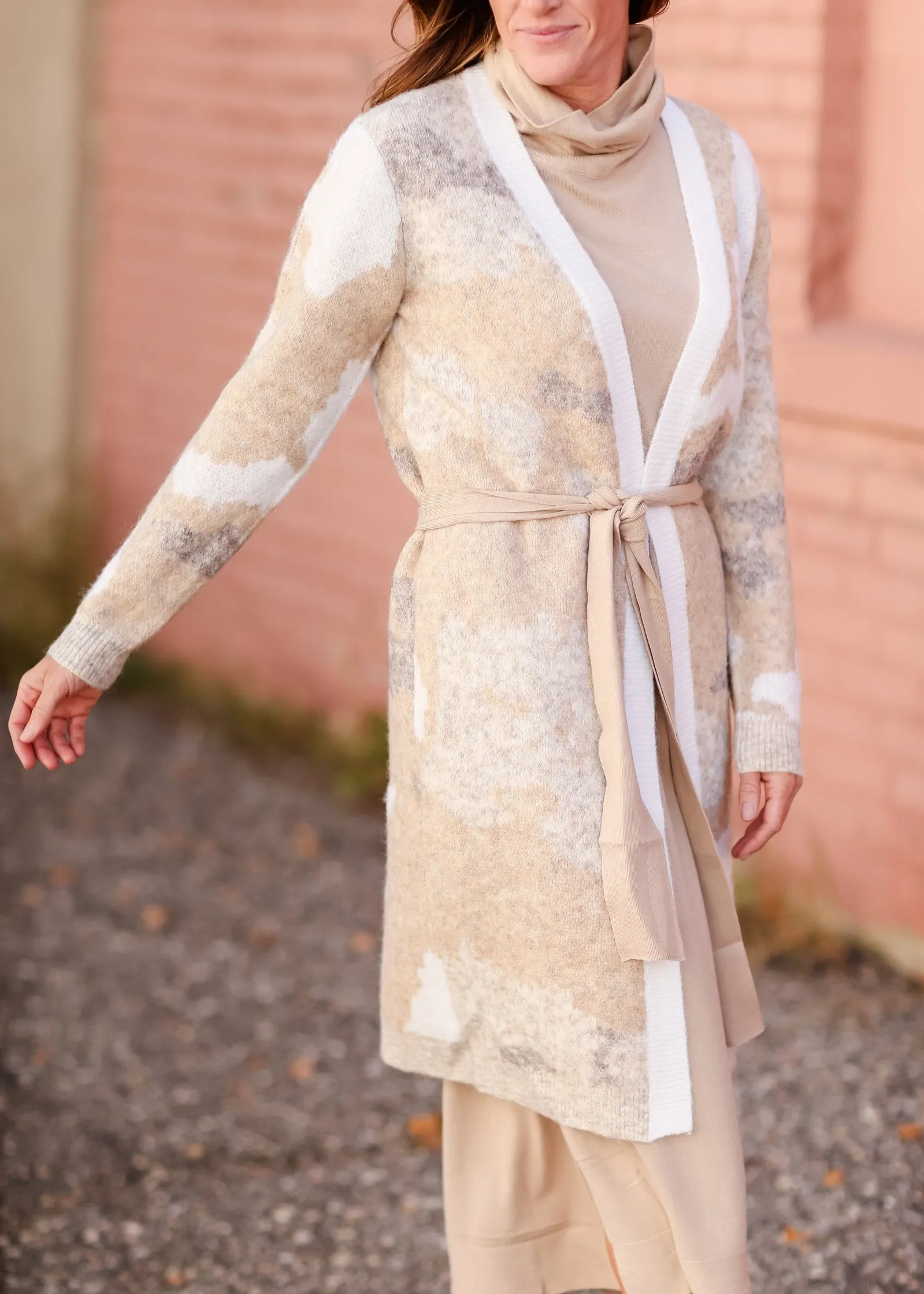 Neutral Toned Print Long Open Front Cardigan-FINAL SALE