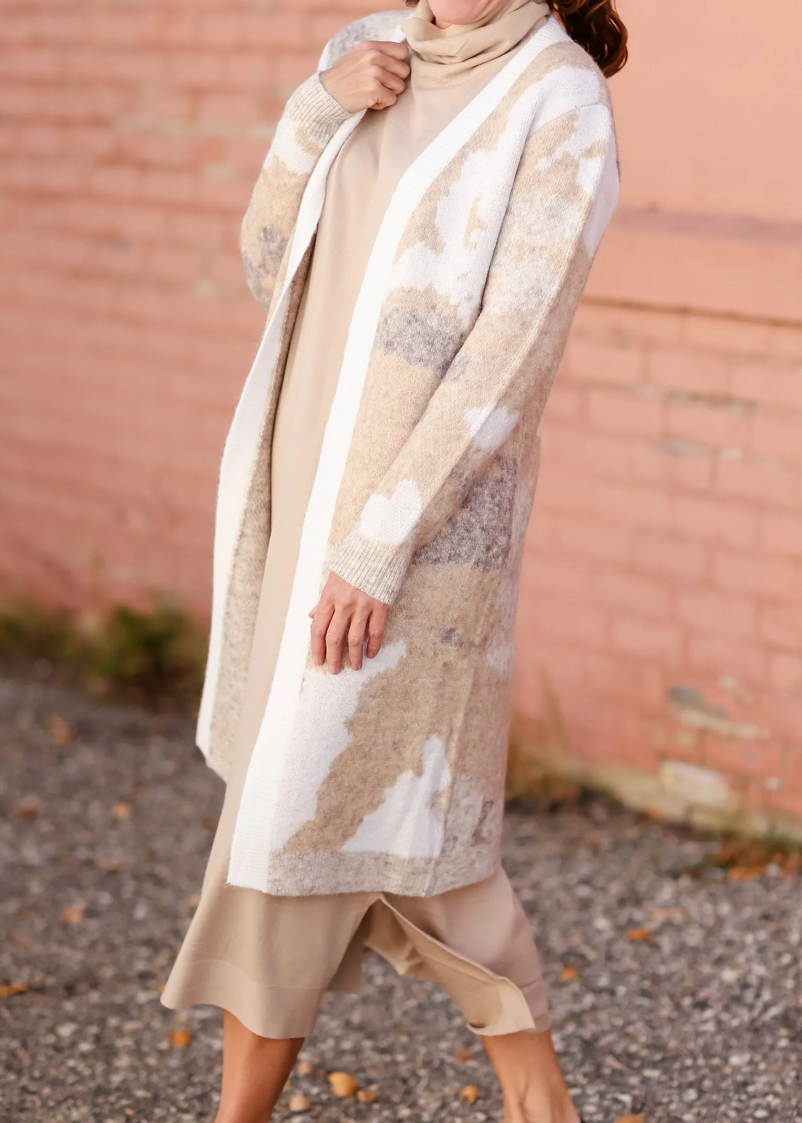 Neutral Toned Print Long Open Front Cardigan-FINAL SALE