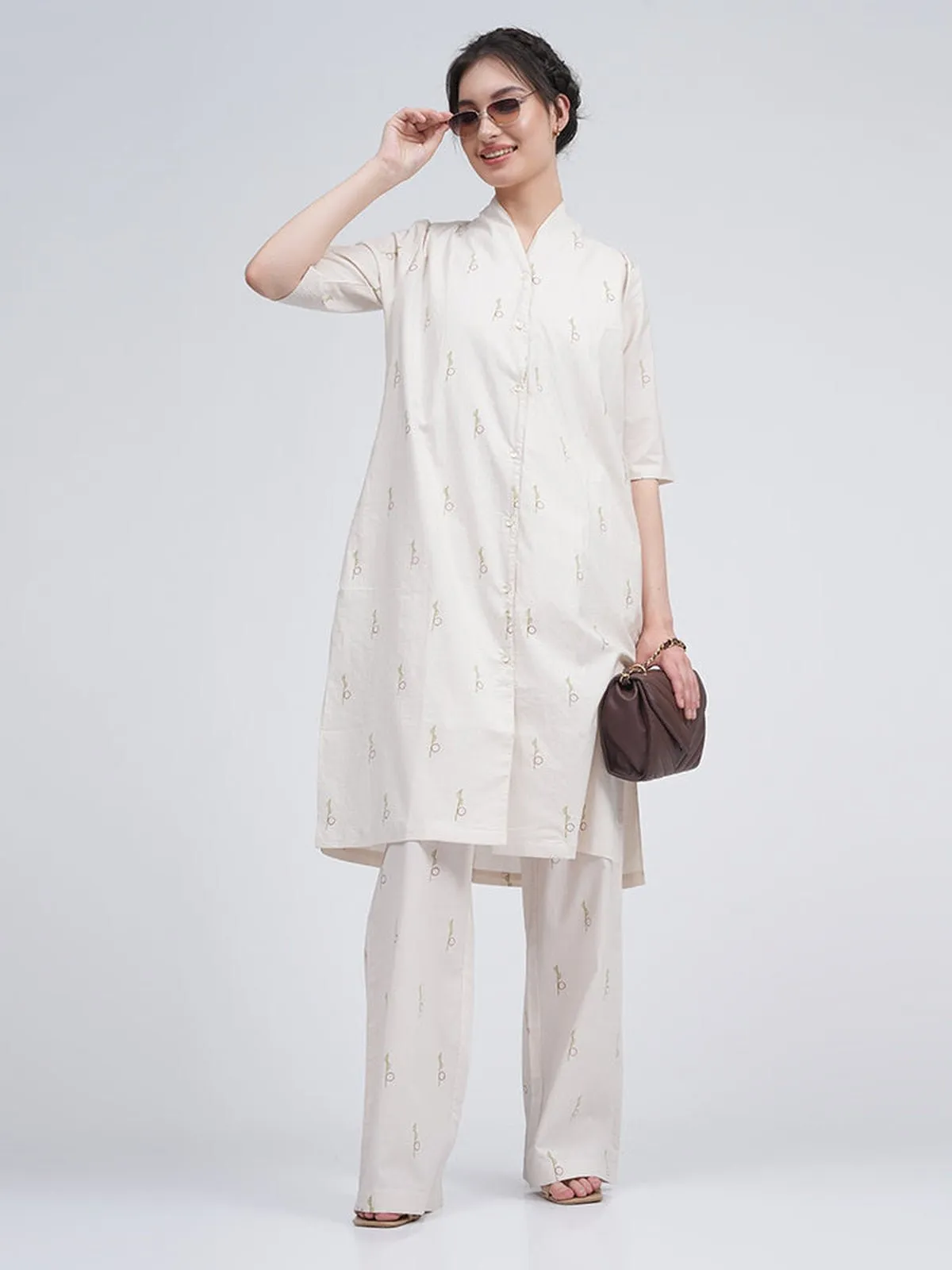 Organic Cotton Block Printed Long Shirt And Trousers  Co-ord Set