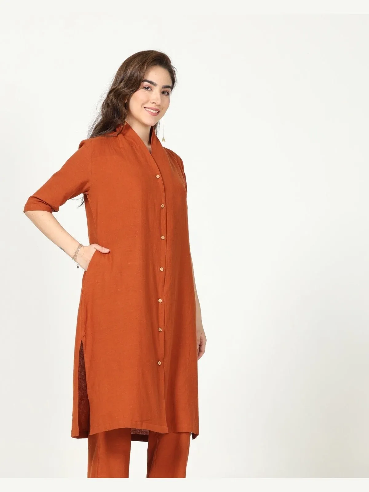 Organic Cotton Solid Long Shirt with Wide Leg Pant Co-ord Set