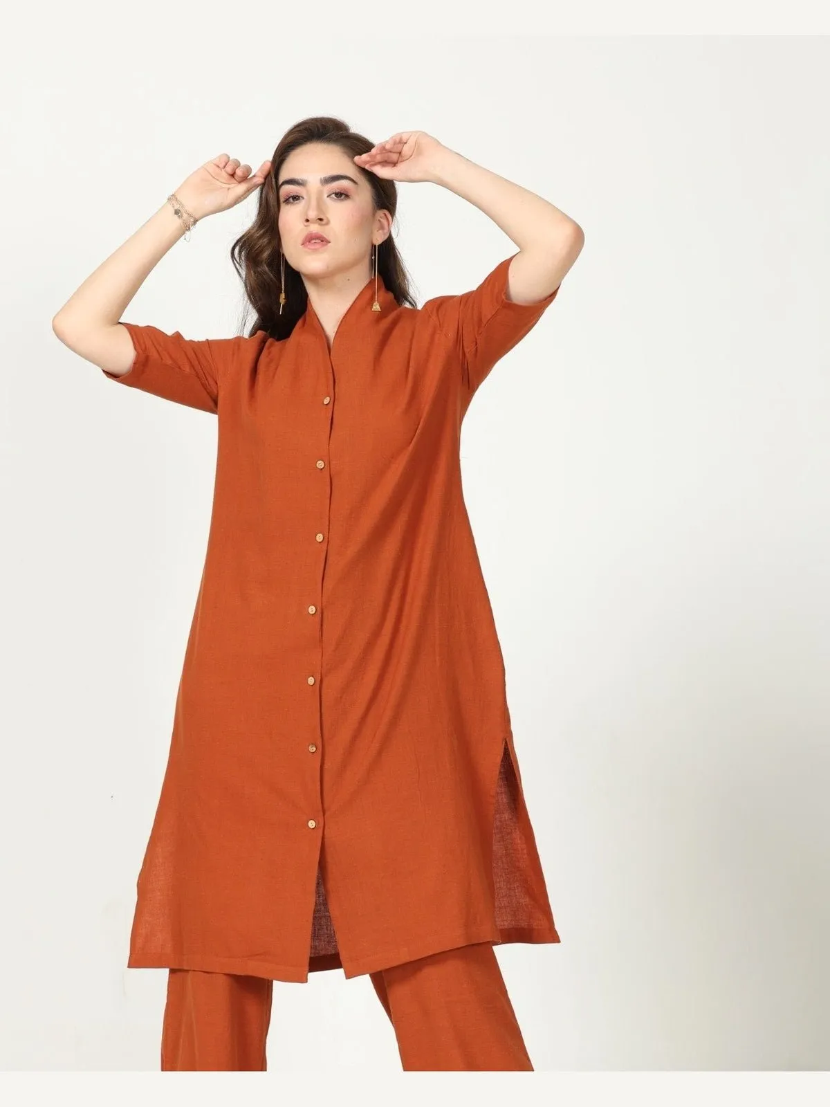 Organic Cotton Solid Long Shirt with Wide Leg Pant Co-ord Set