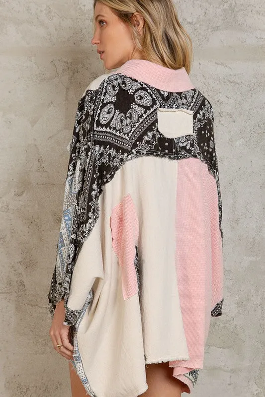 Pink Cream Multi Oversize Contrast Fabric Panel High Low Shirt