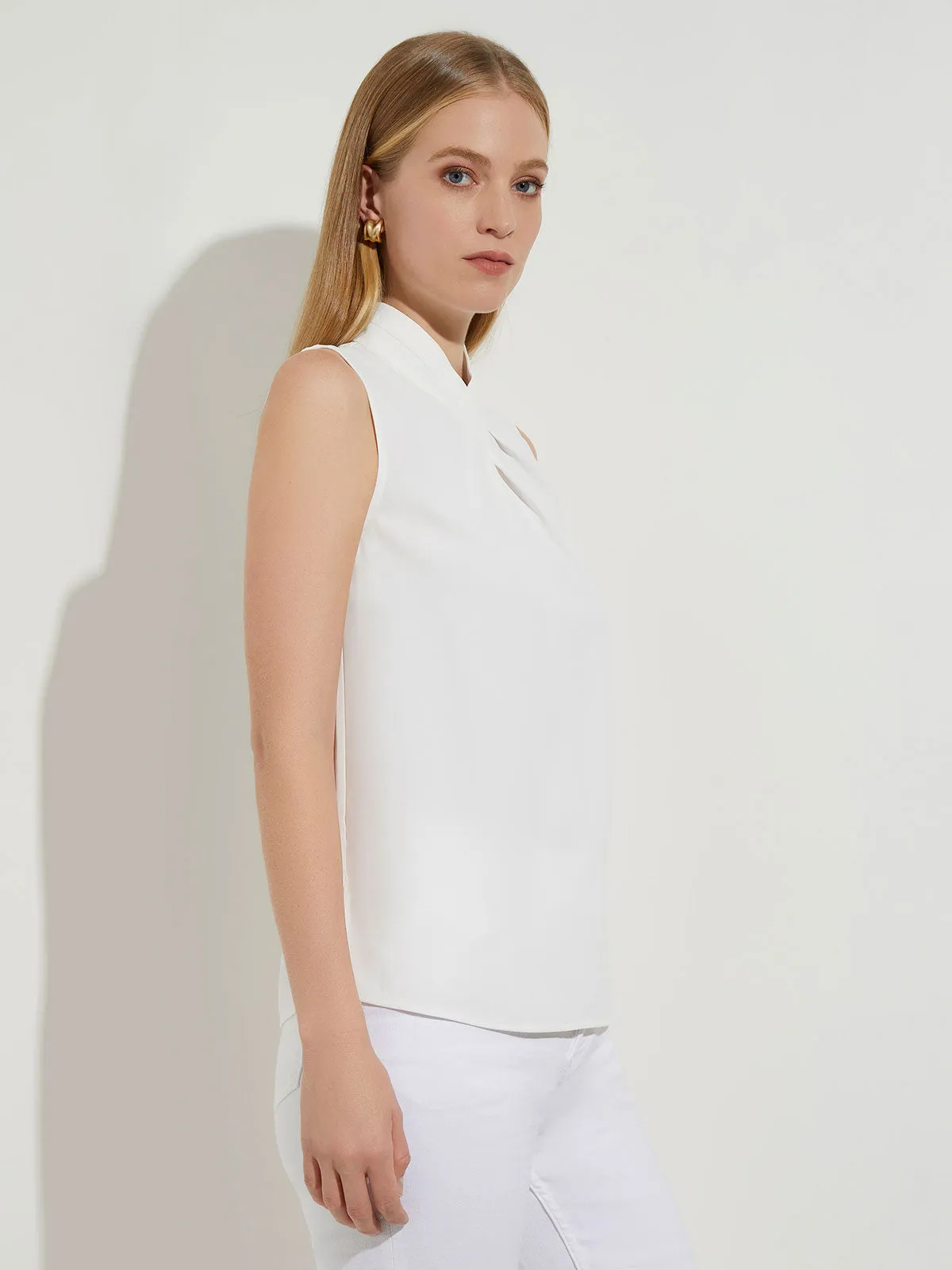 Pleated Crossover Collar Crepe de Chine Blouse