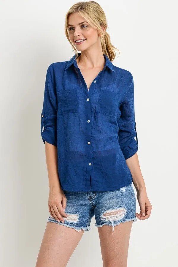 Roll Tab Gauze Button Down Top