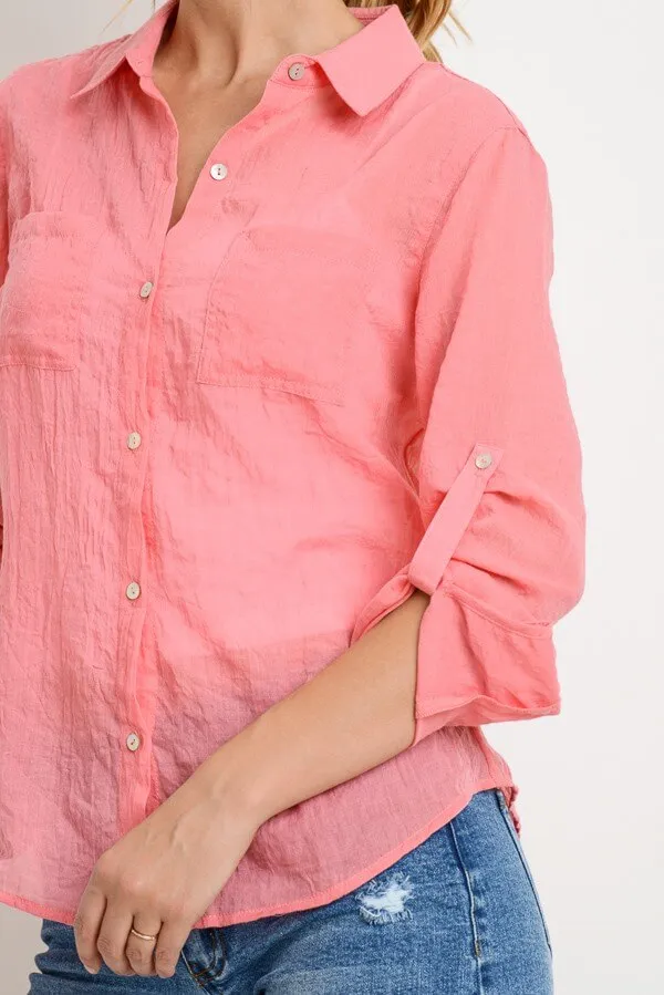 Roll Tab Gauze Button Down Top