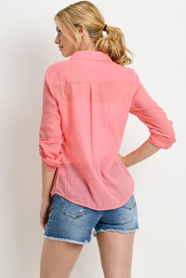 Roll Tab Gauze Button Down Top