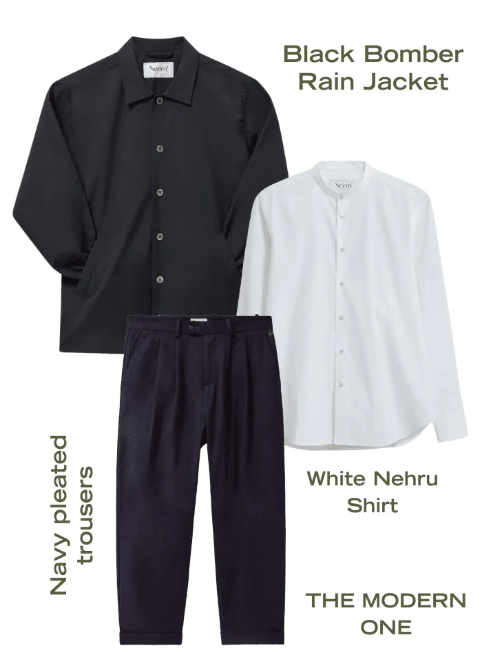 Set 1: Neem Black Bomber Rain Jacket   White Nehru Shirt   Navy Soft Pleated Trousers