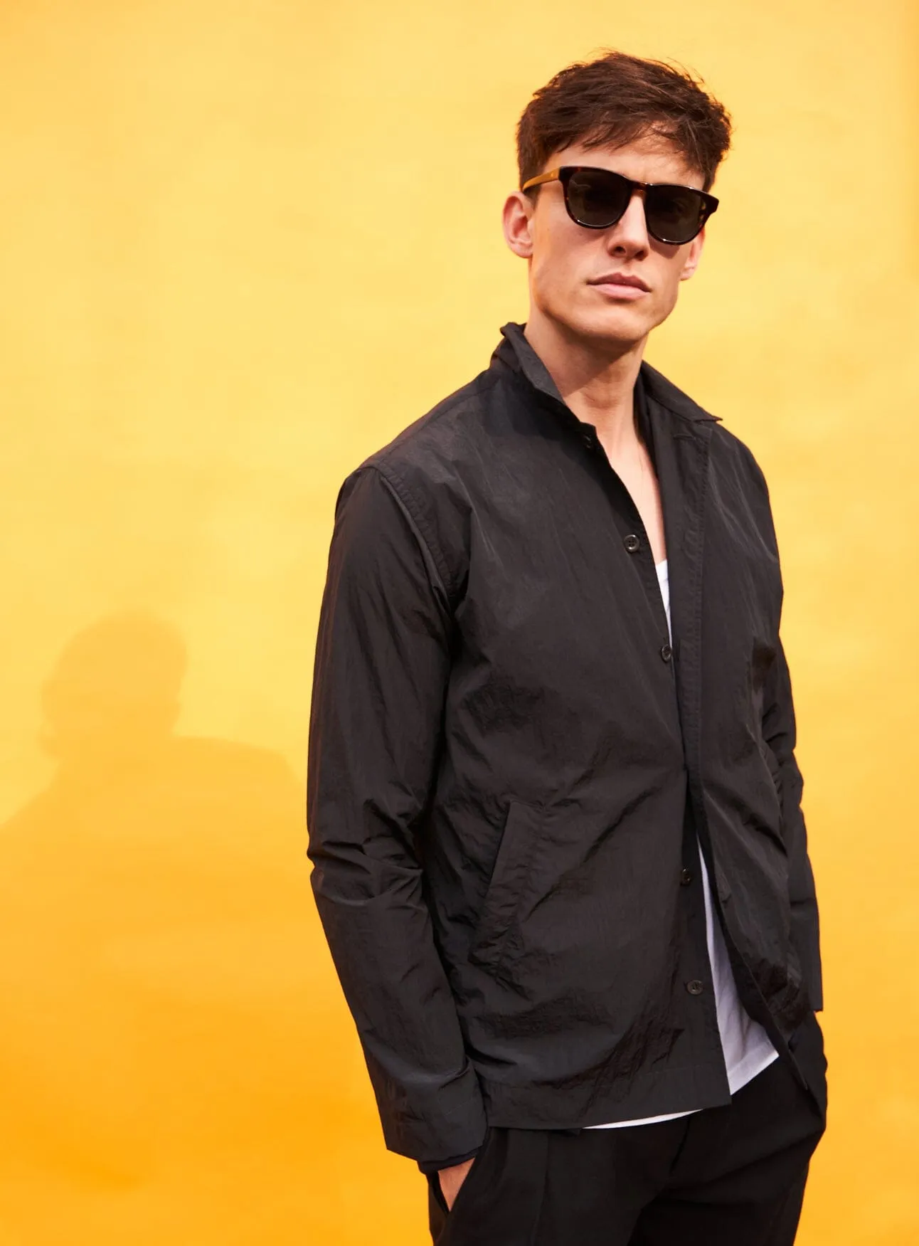 Set 1: Neem Black Bomber Rain Jacket   White Nehru Shirt   Navy Soft Pleated Trousers
