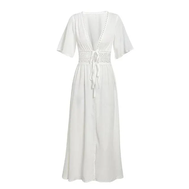 Sexy Deep V-Neck Summer Cardigan Coat Hollow Out Lace Up Beach Dress