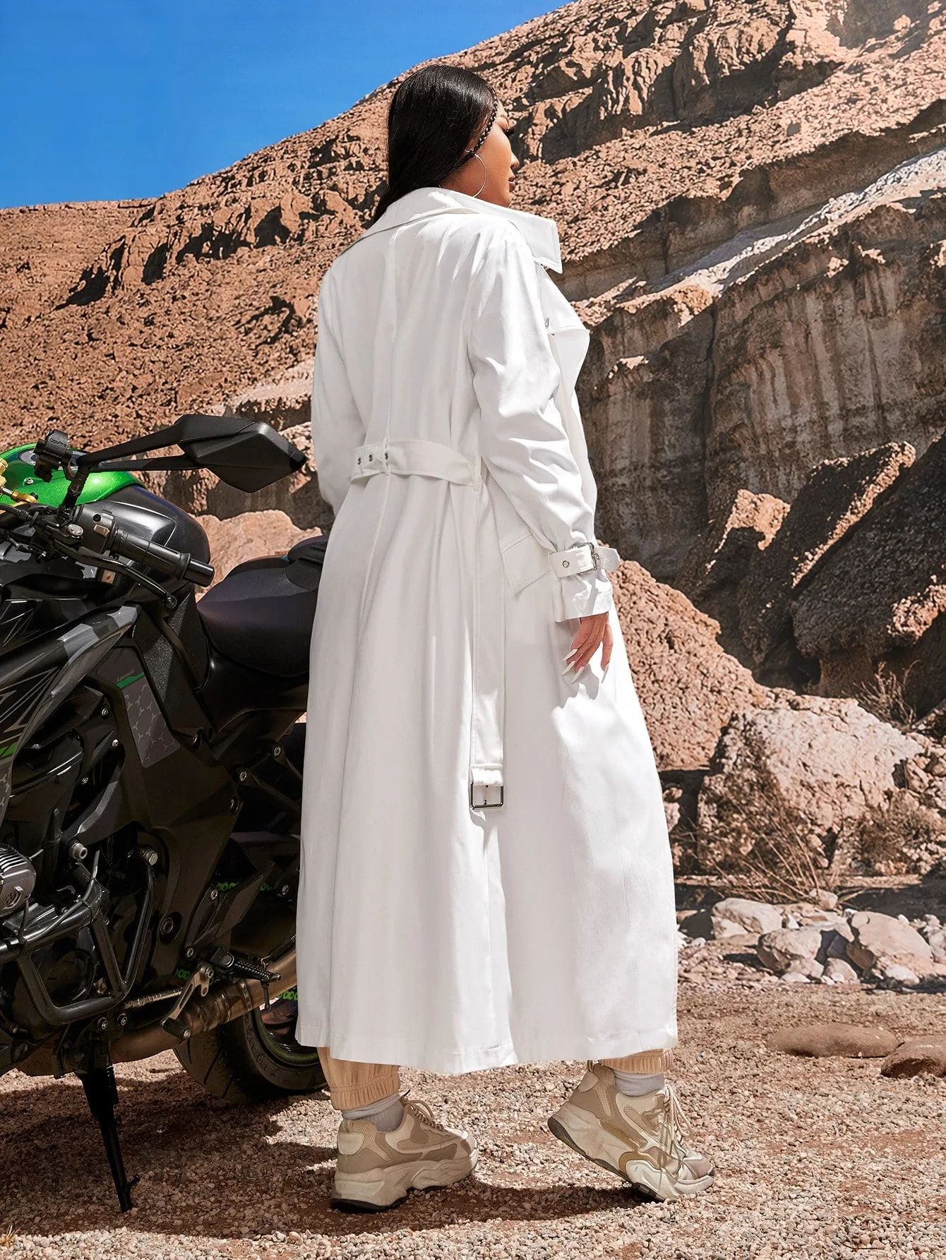 Slant Pocket Lapel Collar Belted Trench Coat