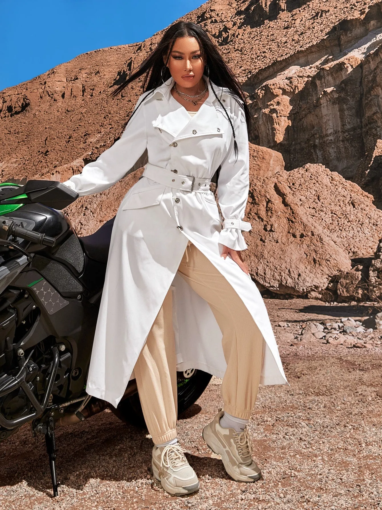 Slant Pocket Lapel Collar Belted Trench Coat
