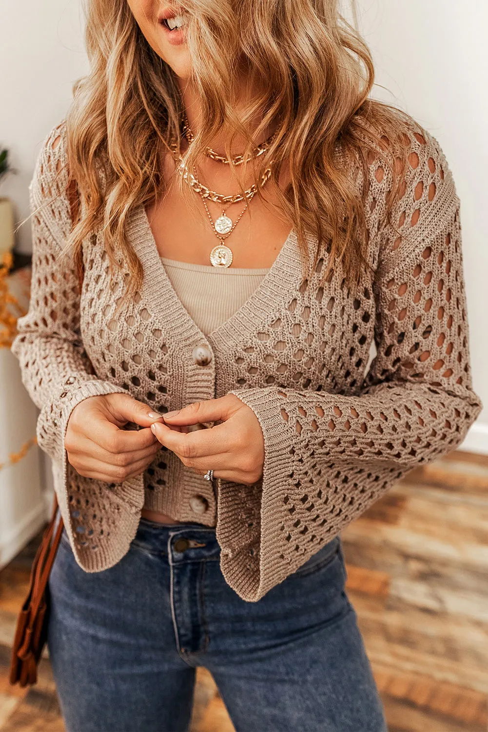 Smoke Gray Pointelle Knit V-Neck Button-Up Crop Cardigan