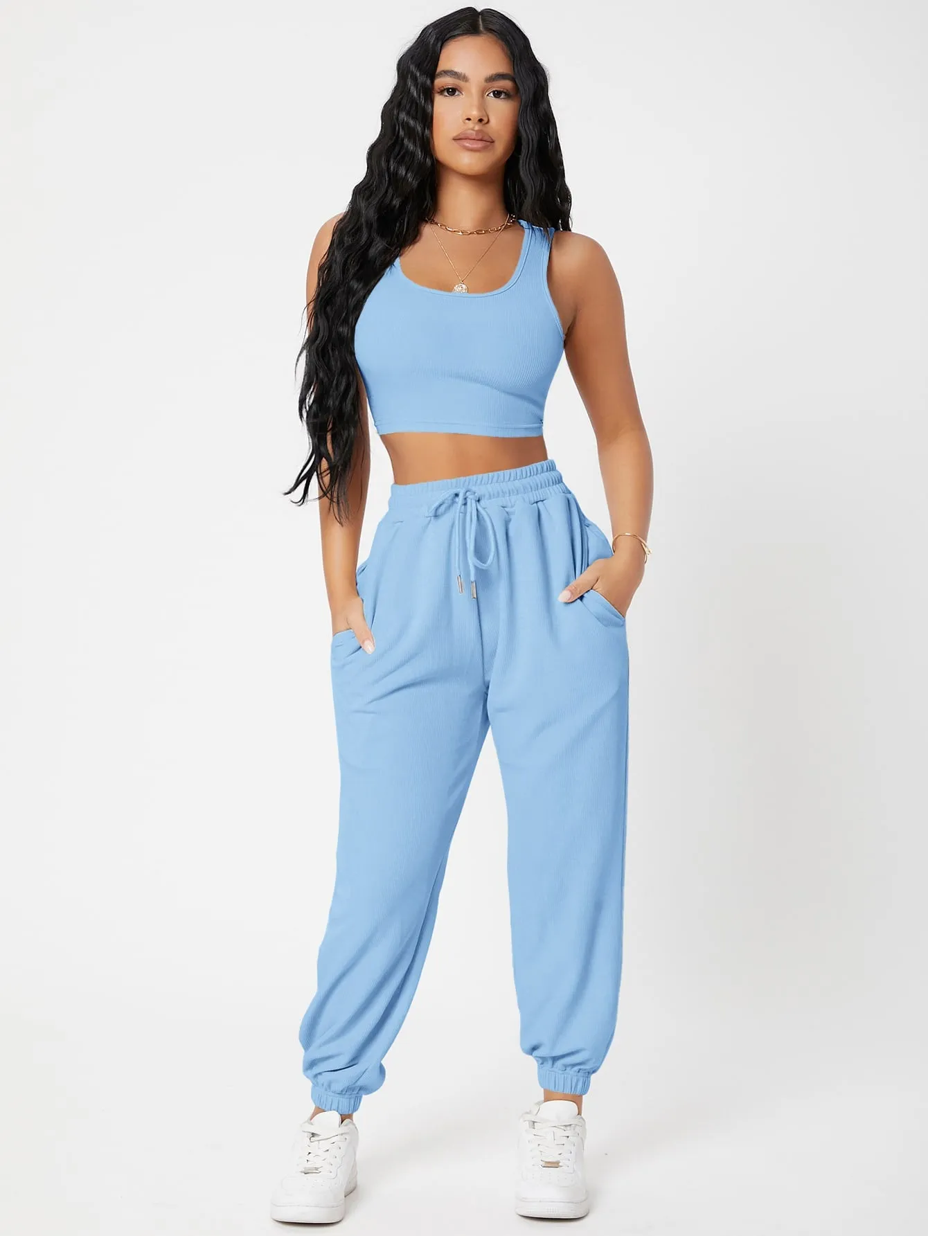 Solid Crop Tank Top And Joggers Set SS23