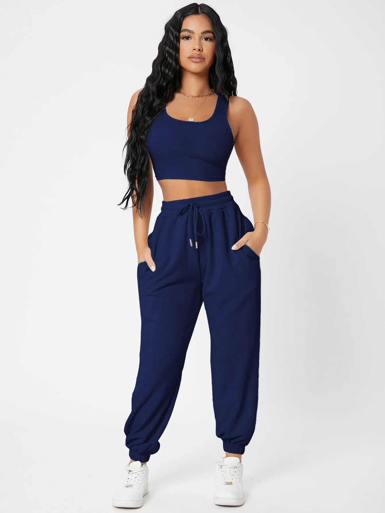 Solid Crop Tank Top And Joggers Set SS23