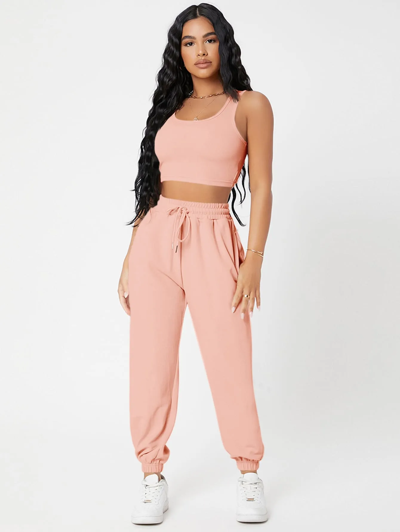 Solid Crop Tank Top And Joggers Set SS23
