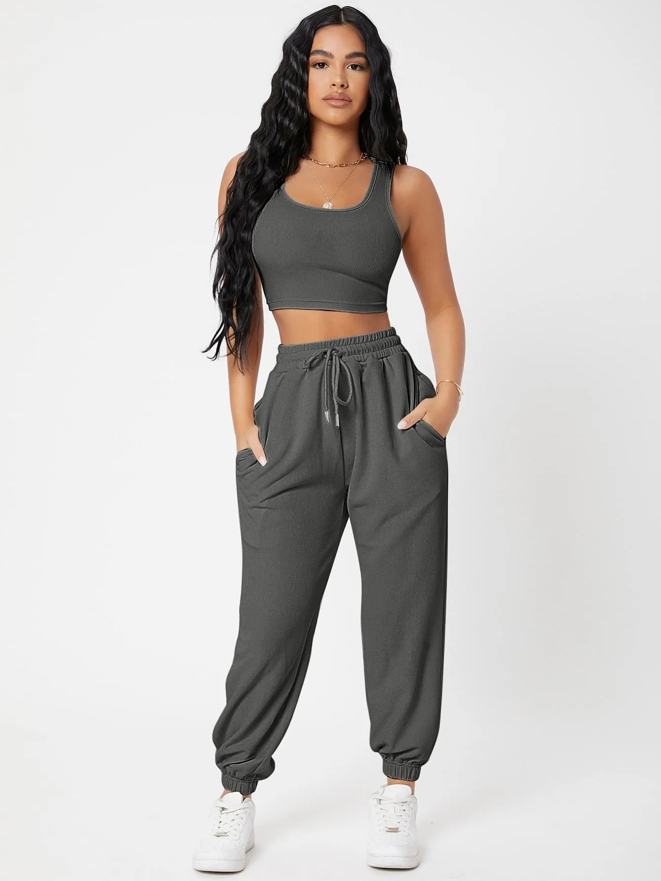 Solid Crop Tank Top And Joggers Set SS23