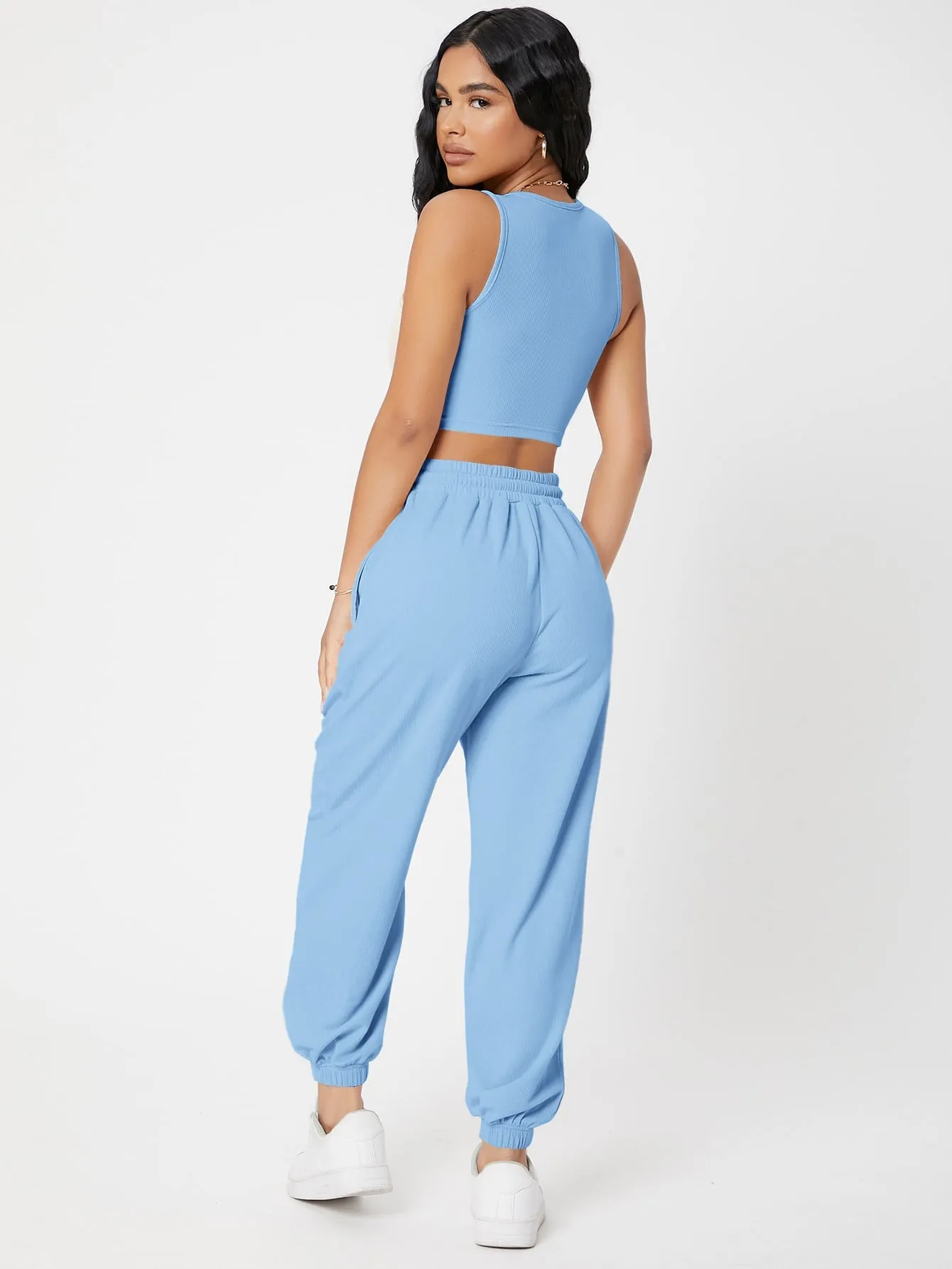 Solid Crop Tank Top And Joggers Set SS23