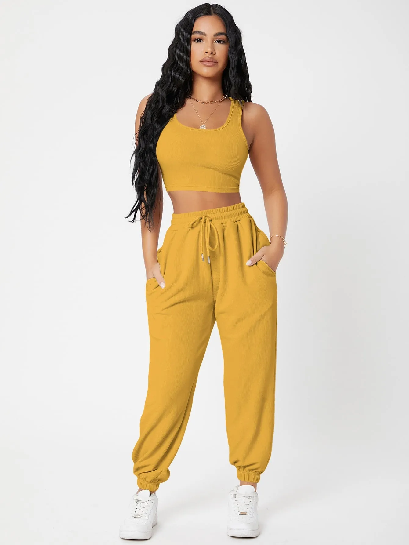 Solid Crop Tank Top And Joggers Set SS23