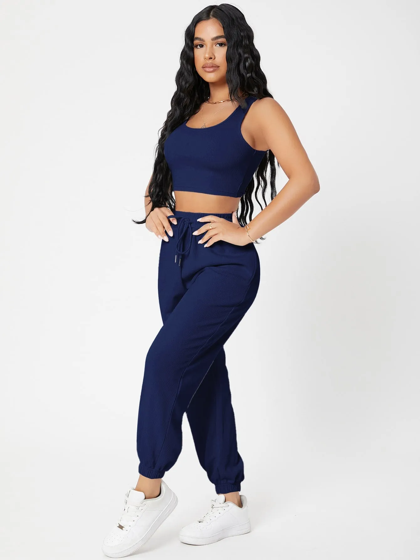 Solid Crop Tank Top And Joggers Set SS23