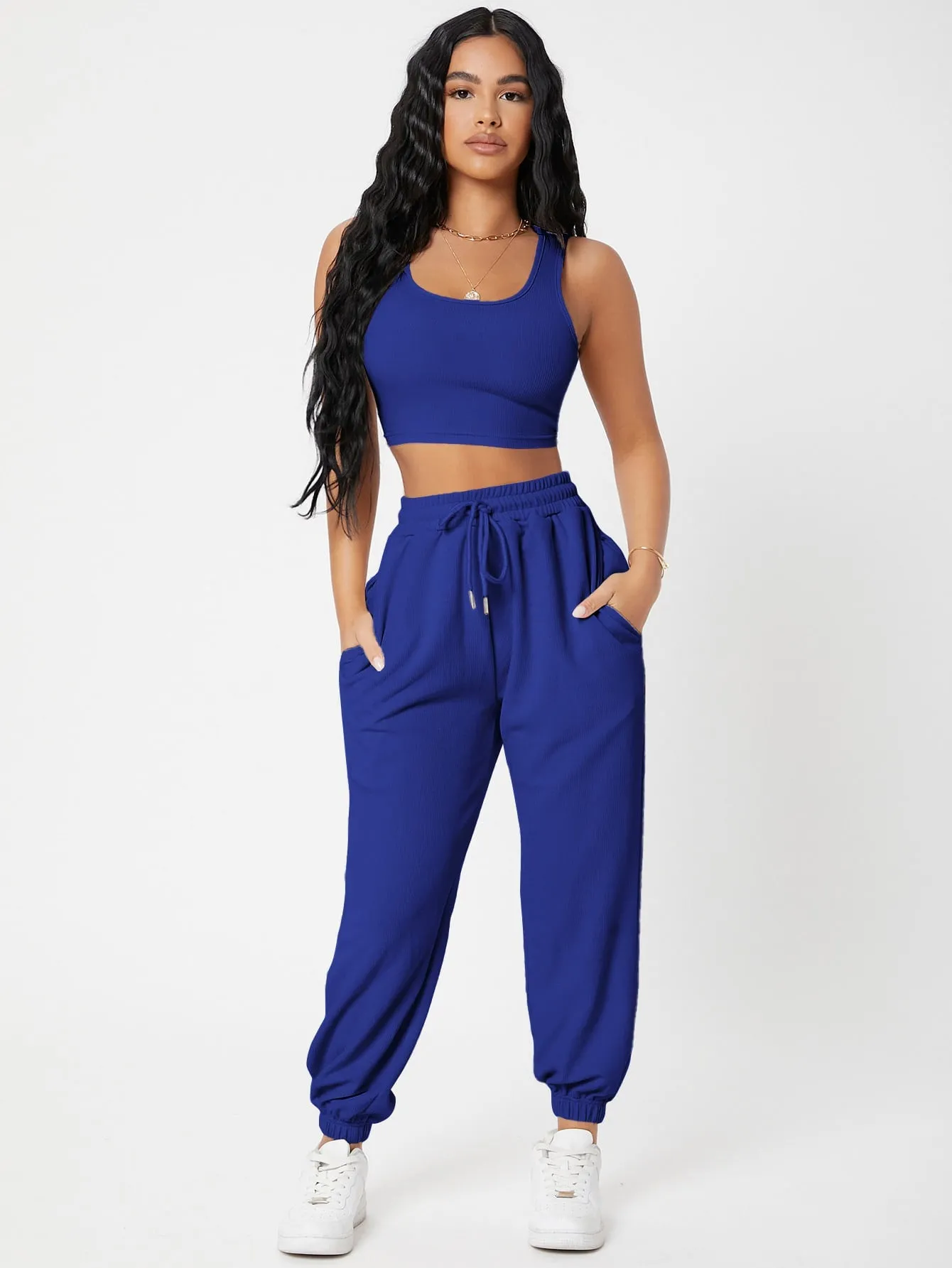 Solid Crop Tank Top And Joggers Set SS23
