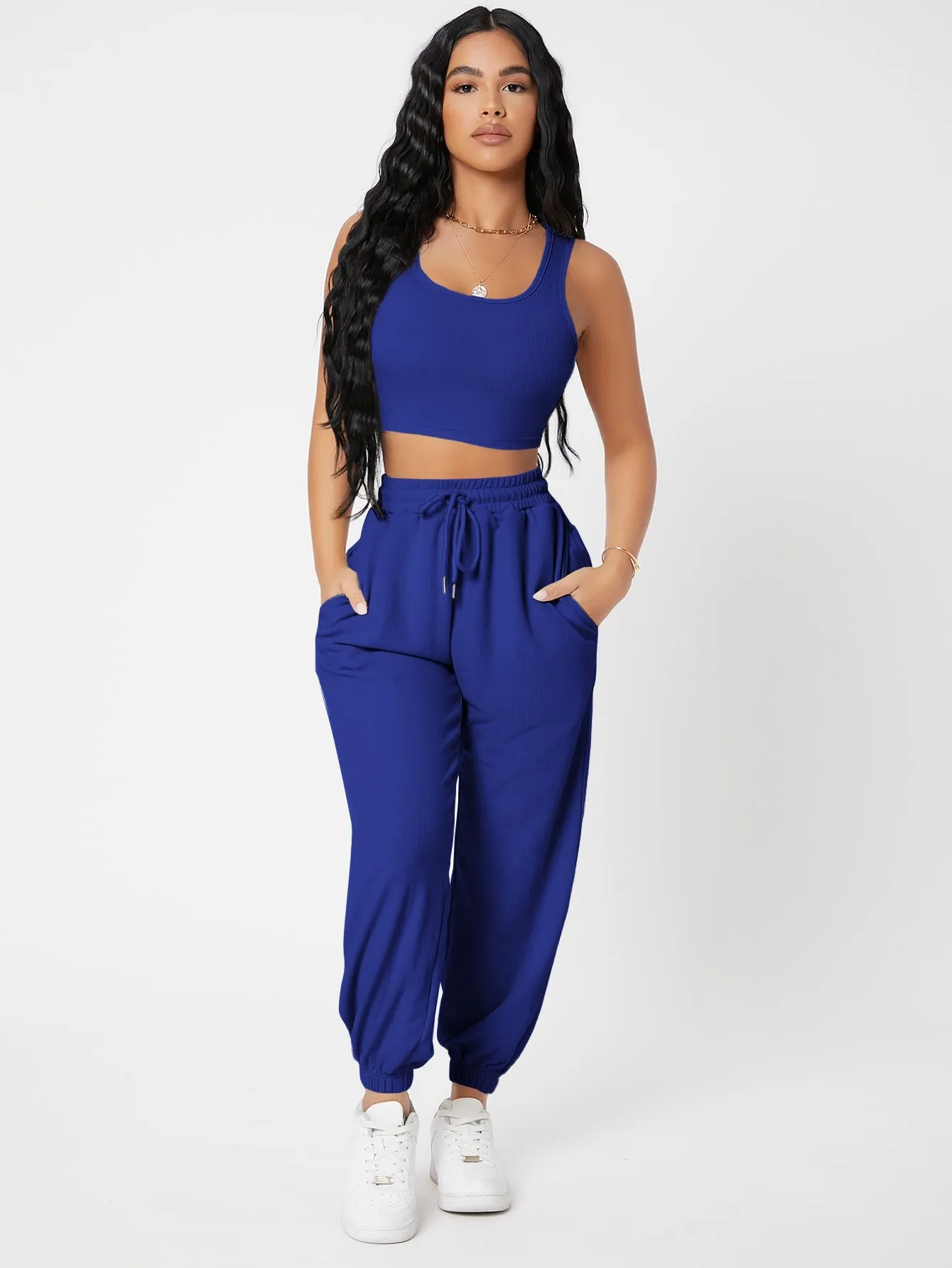 Solid Crop Tank Top And Joggers Set SS23