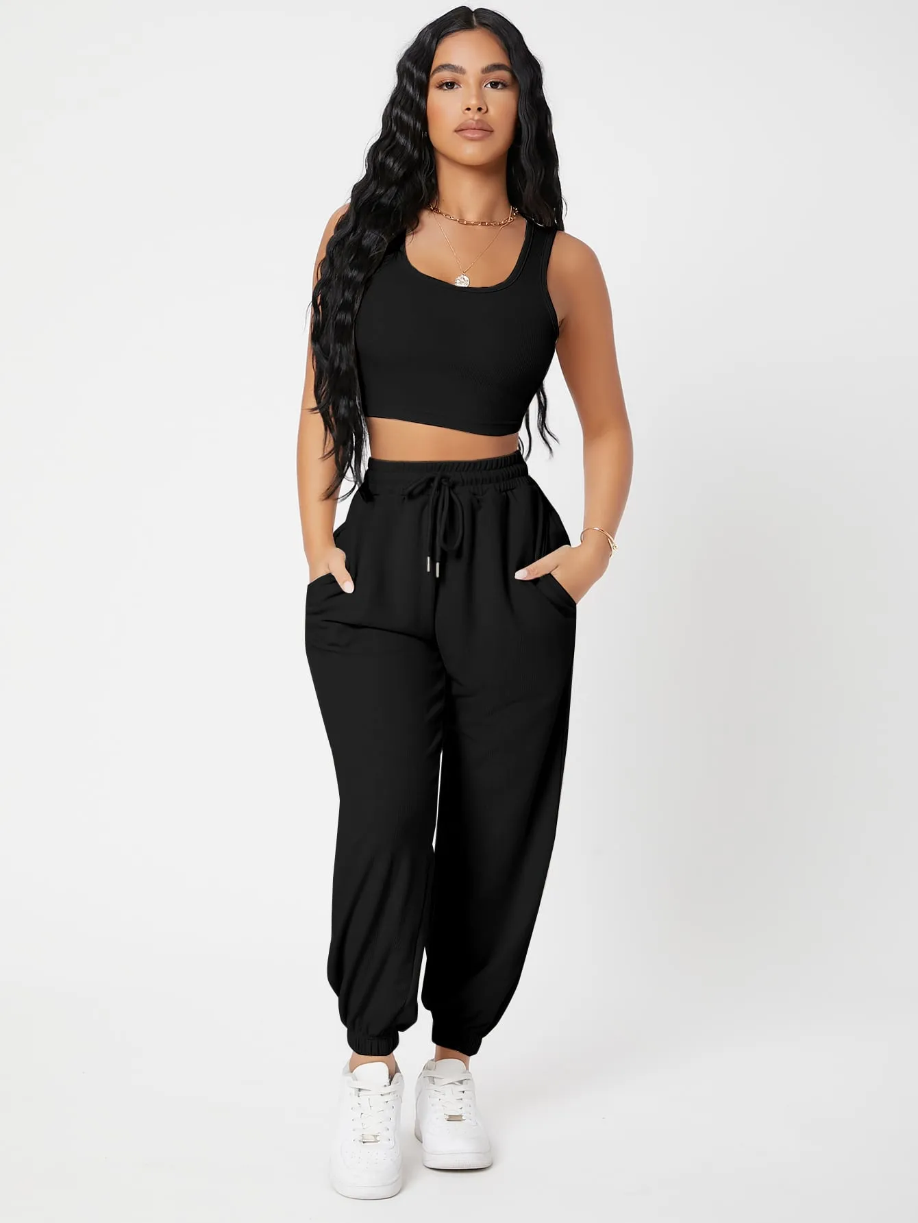 Solid Crop Tank Top And Joggers Set SS23