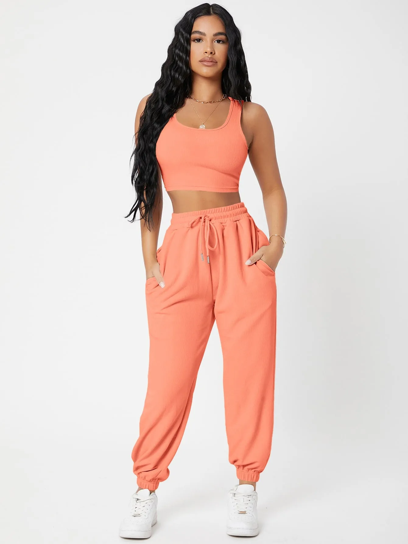Solid Crop Tank Top And Joggers Set SS23
