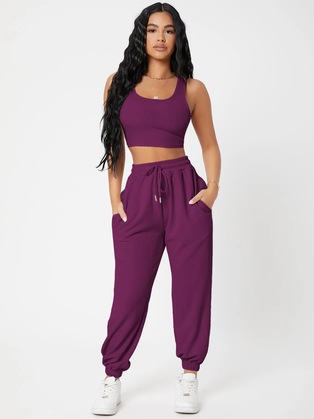 Solid Crop Tank Top And Joggers Set SS23
