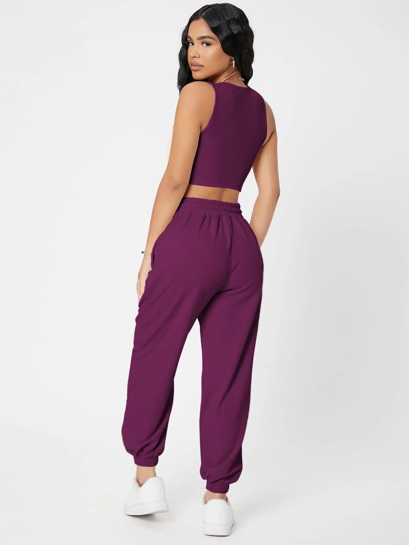 Solid Crop Tank Top And Joggers Set SS23