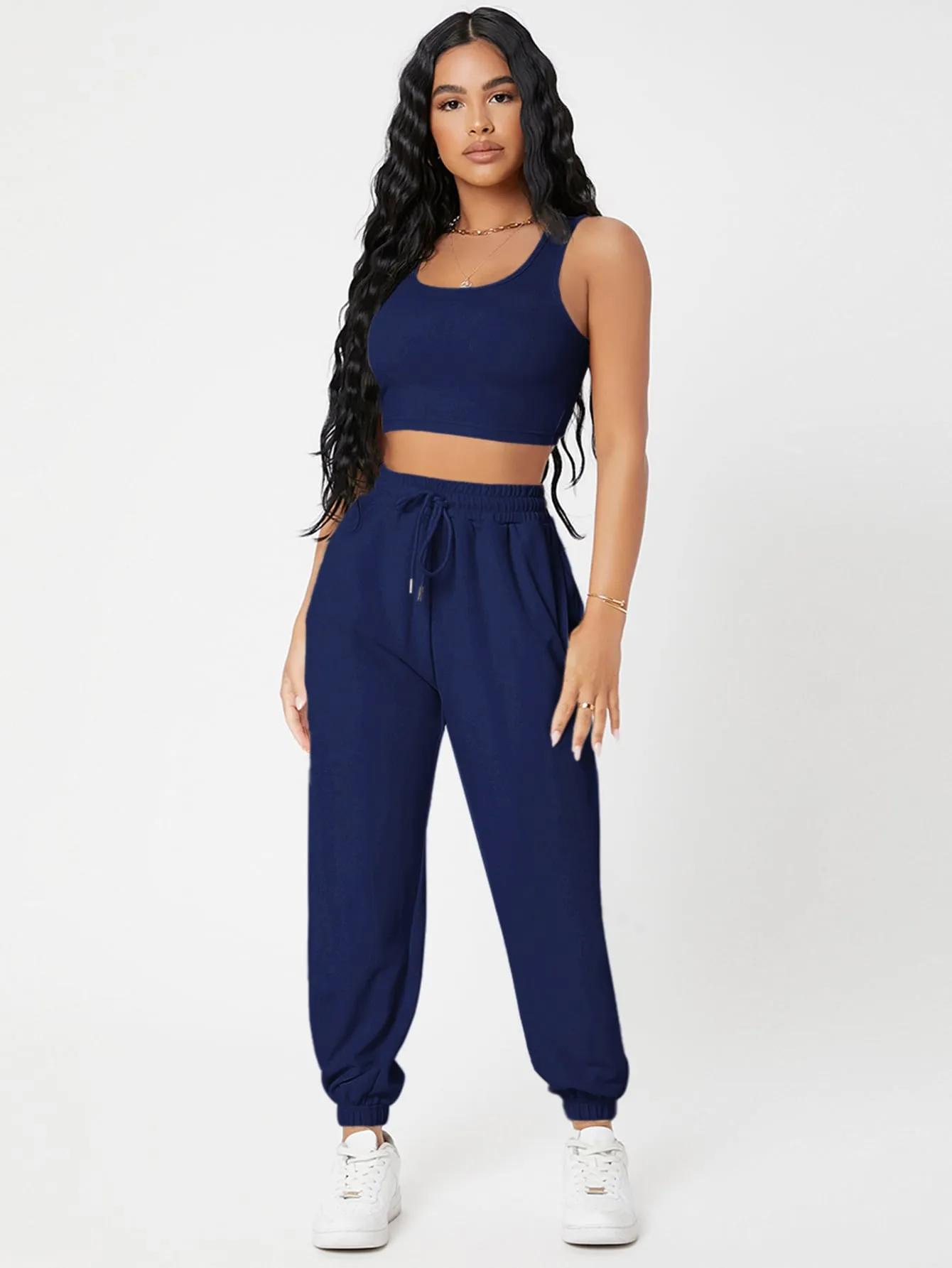 Solid Crop Tank Top And Joggers Set SS23