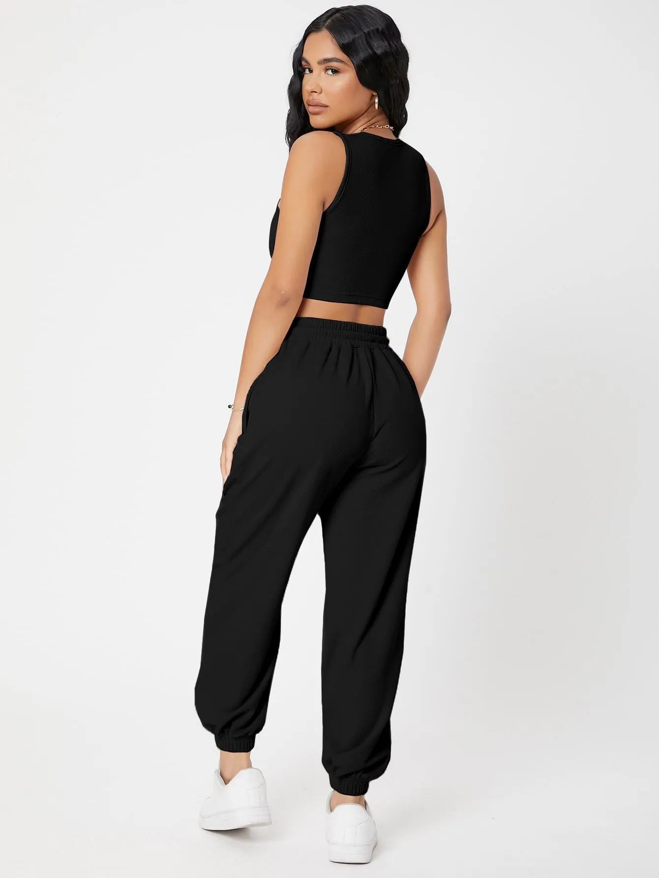 Solid Crop Tank Top And Joggers Set SS23