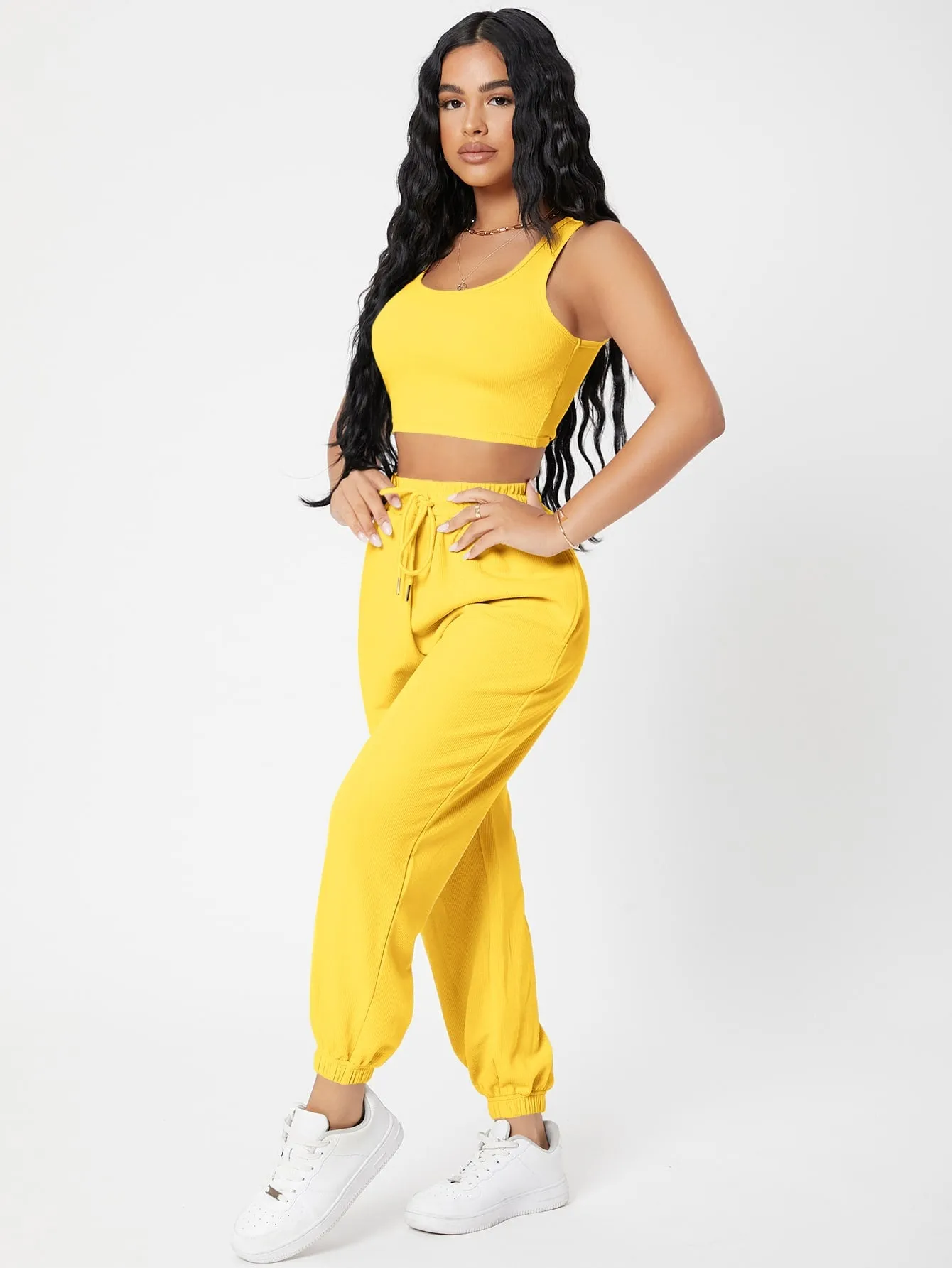 Solid Crop Tank Top And Joggers Set SS23
