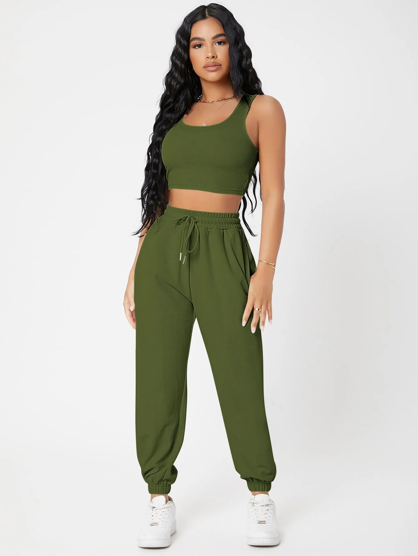 Solid Crop Tank Top And Joggers Set SS23