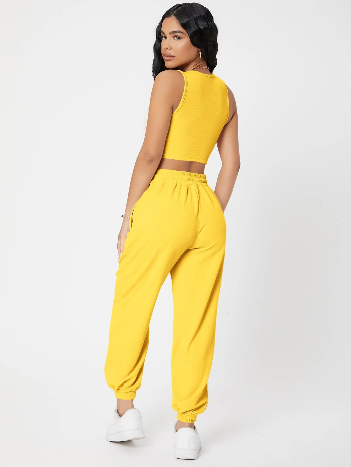 Solid Crop Tank Top And Joggers Set SS23