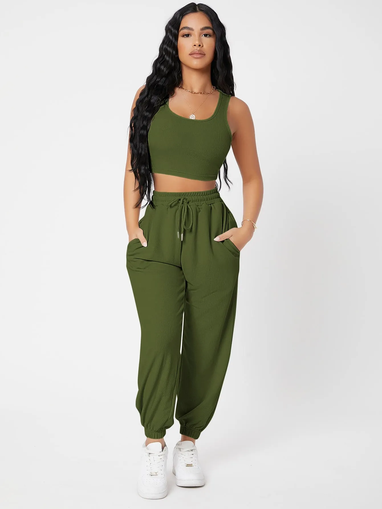 Solid Crop Tank Top And Joggers Set SS23