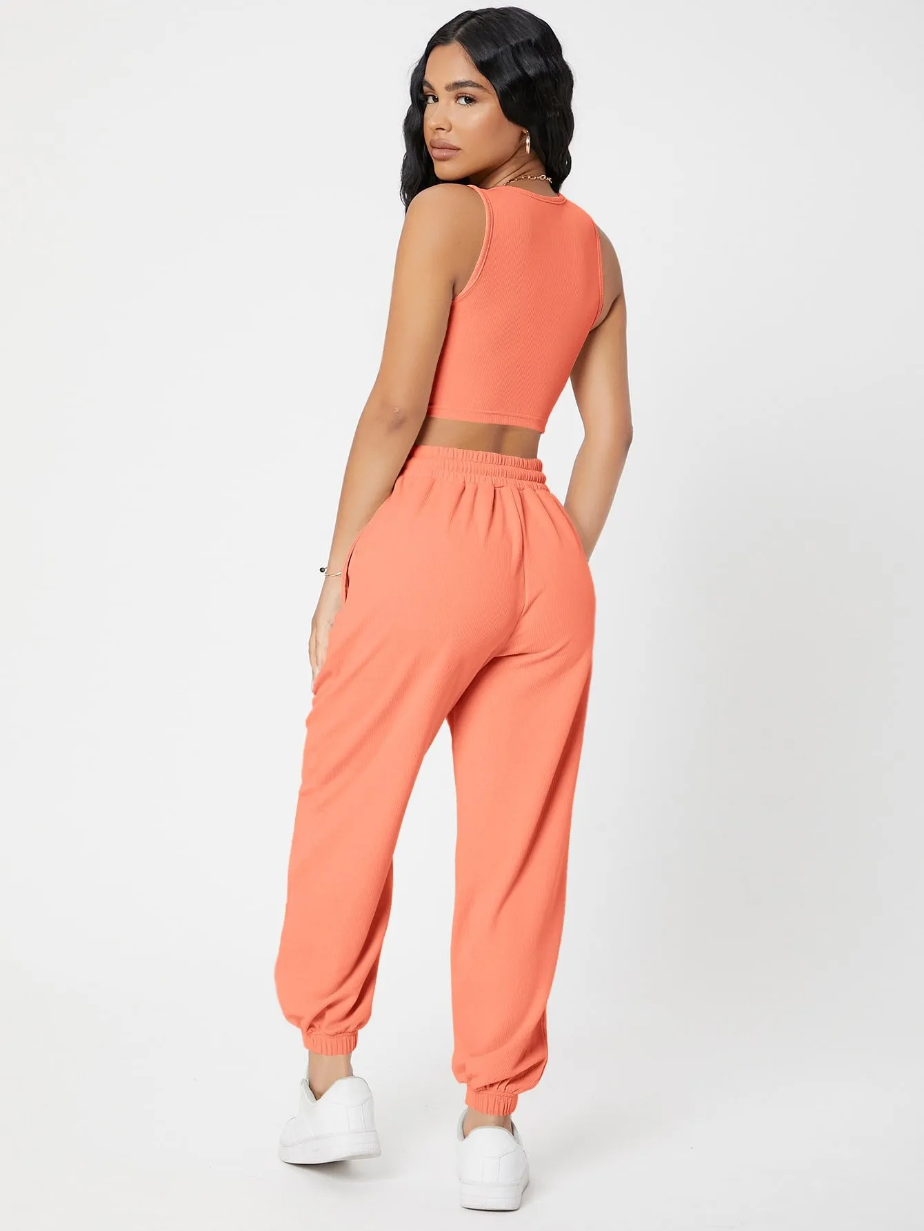 Solid Crop Tank Top And Joggers Set SS23