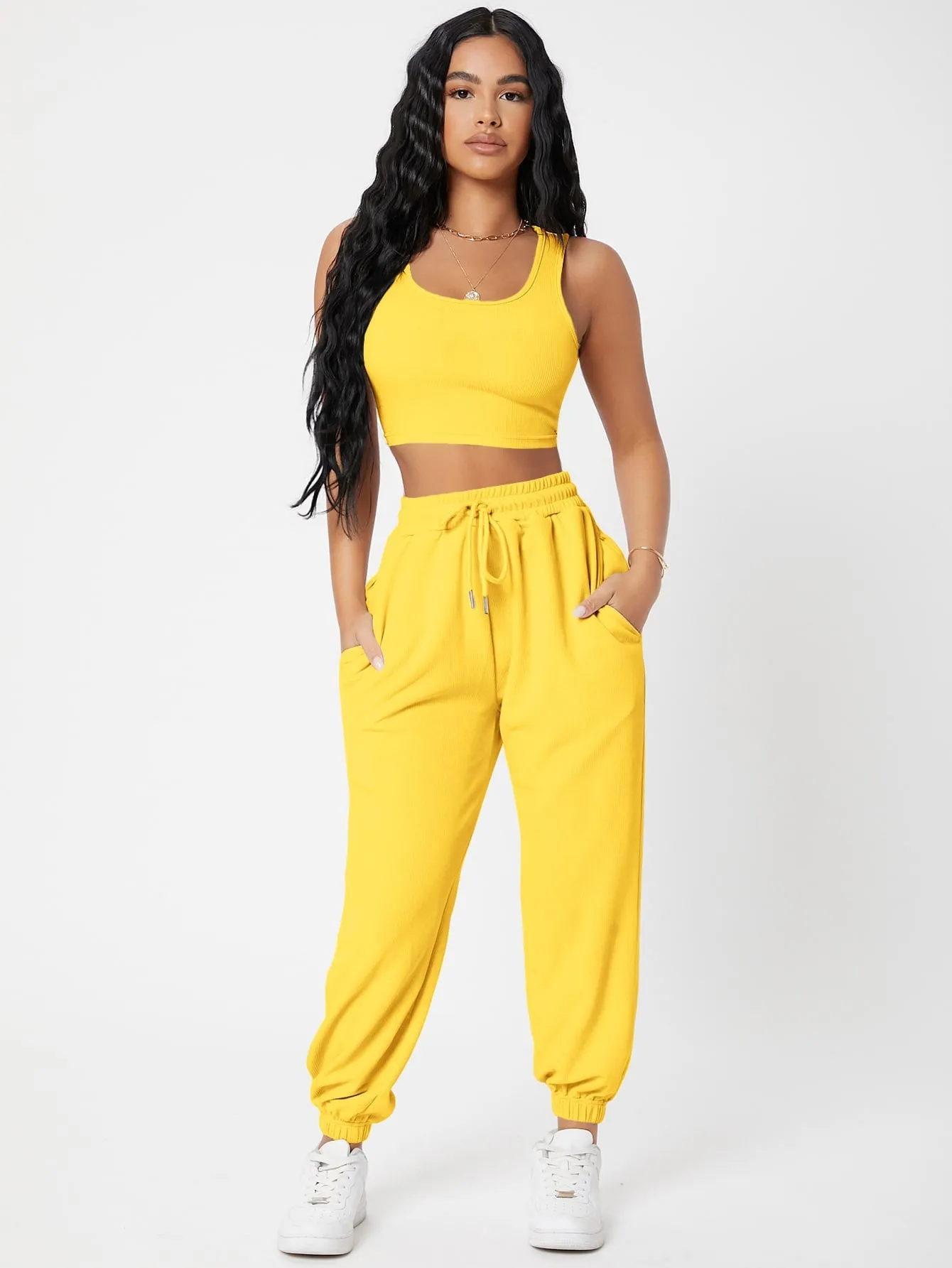 Solid Crop Tank Top And Joggers Set SS23