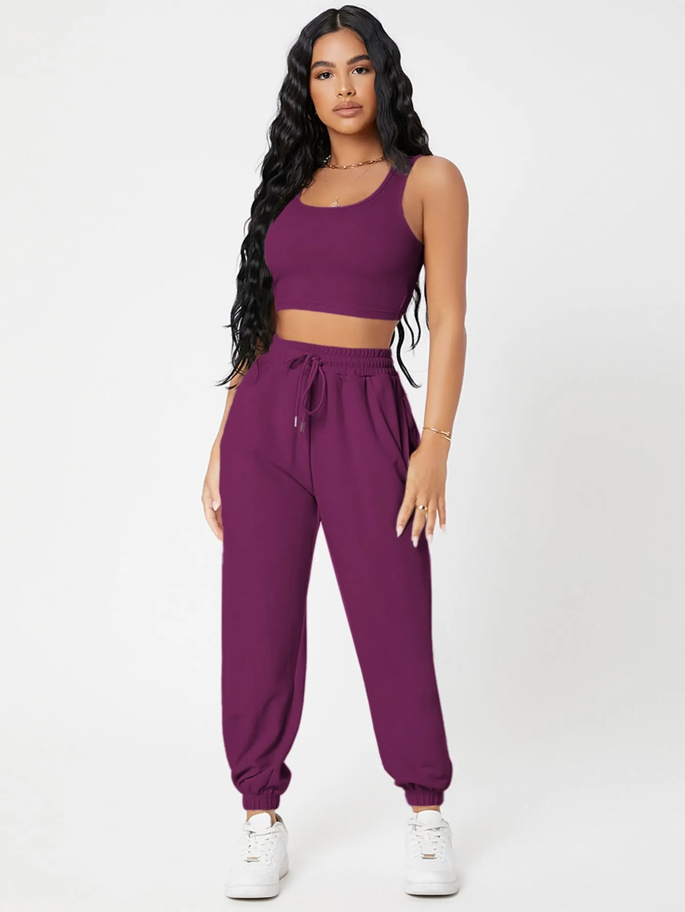 Solid Crop Tank Top And Joggers Set SS23