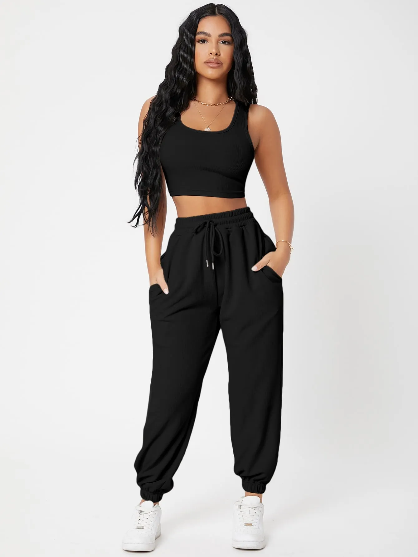 Solid Crop Tank Top And Joggers Set SS23
