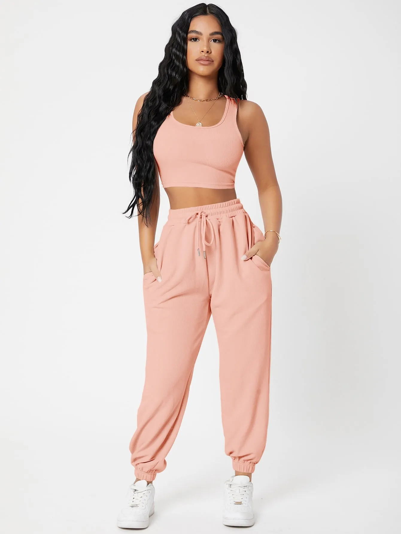 Solid Crop Tank Top And Joggers Set SS23