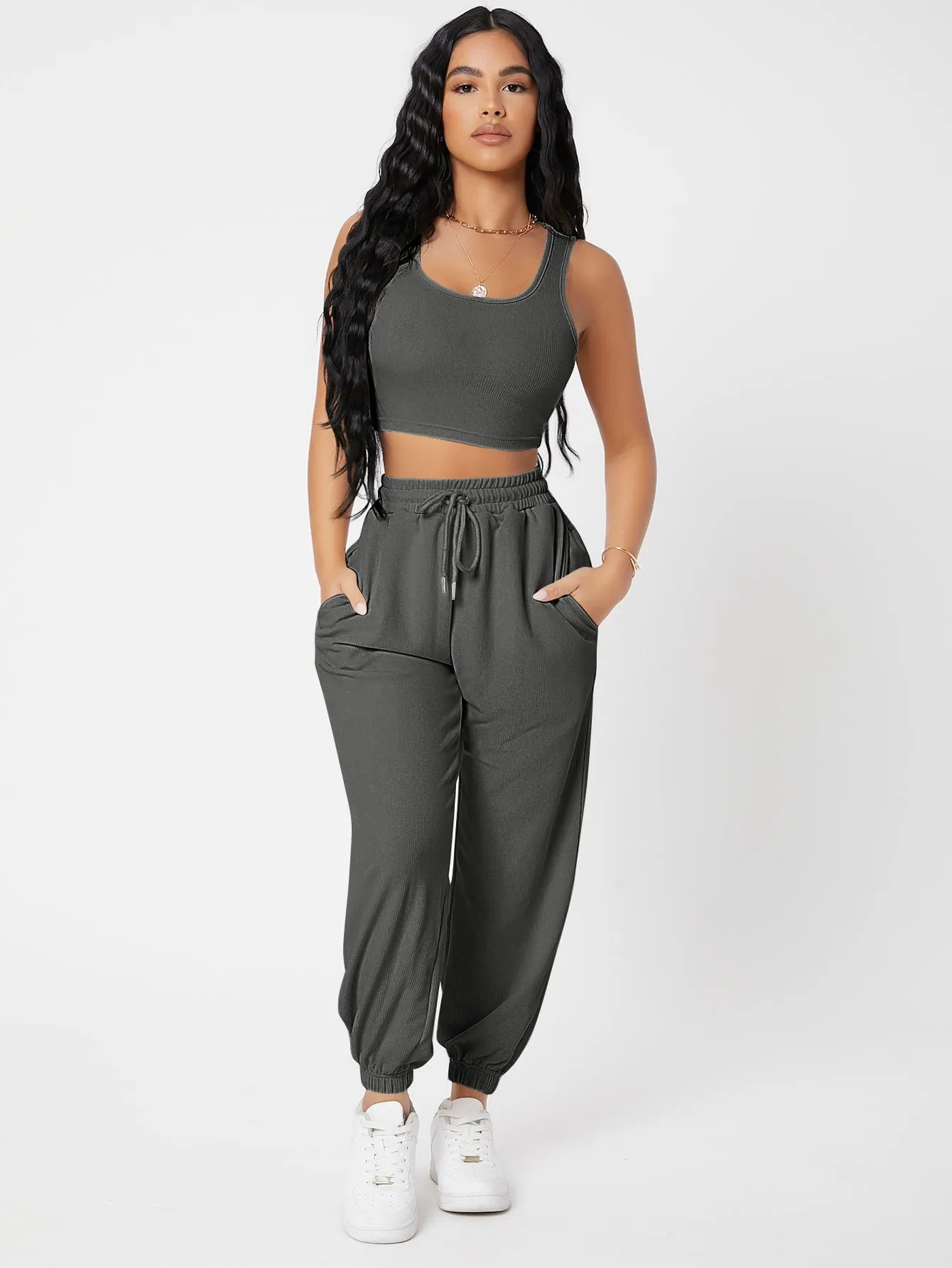 Solid Crop Tank Top And Joggers Set SS23